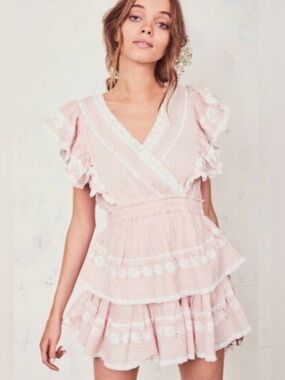 LoveShackFancy Gwen mini Dress size small pink and white